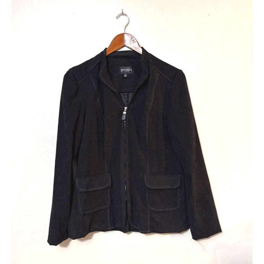 Studio I Womens Black Zip-Front Jacket W/ Pockets Size 14
